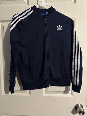 adidas Navy and White Three-Stripe Track Jacket